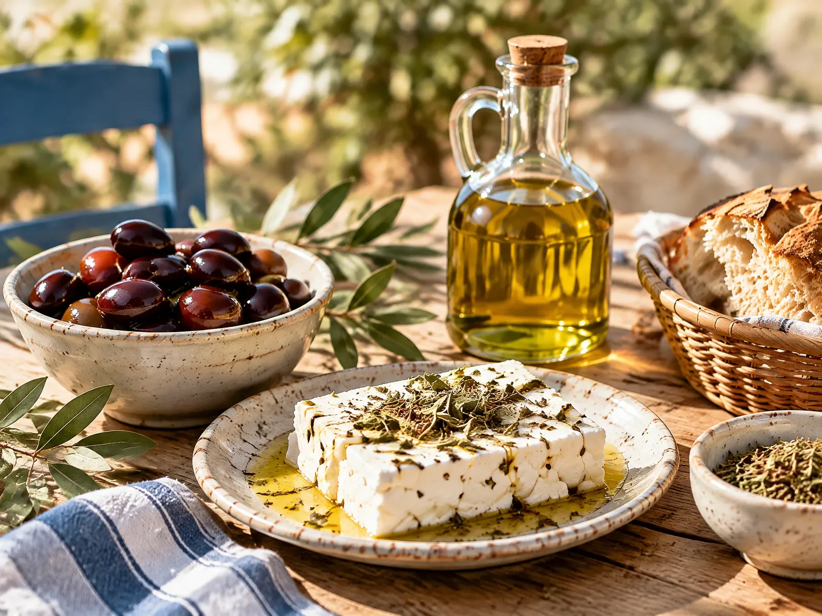 Greek table with olives, olive oil and feta